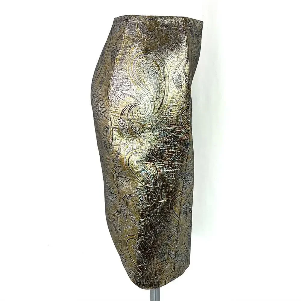 Jenni Kayne Metallic Brocade Knee Length Pencil Skirt XS Designer Silk Blend